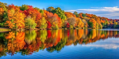 Naklejka premium Colorful autumn foliage reflecting in the waters of Eagle Creek Reservoir in Indianapolis, Indiana, autumn, foliage, colorful