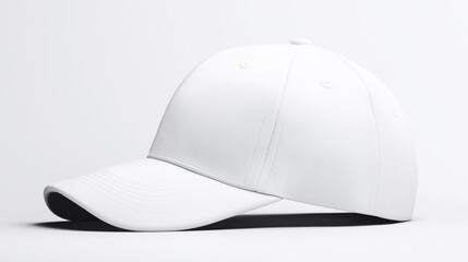 Fototapeta premium Close-up of a plain white baseball cap with a curved brim and button top on a neutral background.