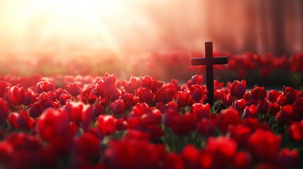 the wood cross pinned in the beautiful red tulip garden. beautiful life after the death concept. Generative AI