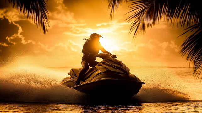 Thrill-seeker on a jet ski silhouetted against a glowing sunset with palms framing the scene conveying the spirit of adventure