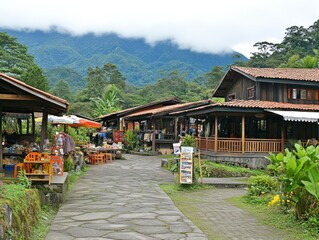 A scenic marketplace with wooden buildings nestled in lush mountains.
