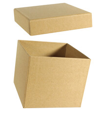 Simple cardboard box is opening with lid in air open container funny isolated on white background