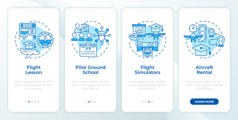 Flight training blue onboarding mobile app screen. Walkthrough 4 steps editable graphic instructions with linear concepts. UI, UX, GUI template. Montserrat SemiBold, Regular fonts used