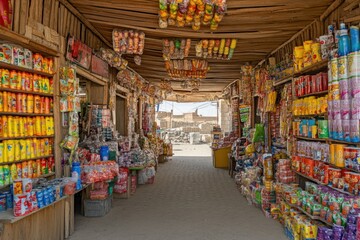Fototapeta premium A vibrant marketplace aisle filled with colorful products and goods for sale.