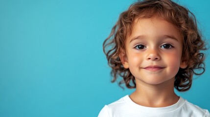 Young child age 5 with a determined facial expression isolated on a blue background with space for messaging