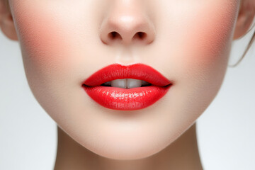 Fototapeta premium Close-up of a woman attractive lips with red lipstick, Beauty makeup concept.