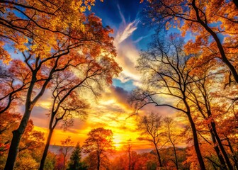Enchanting Autumn Forest Silhouettes: A Captivating Landscape of Nature's Colors and Shapes in Fall, Showcasing the Beauty of Trees, Leaves, and the Essence of Autumn