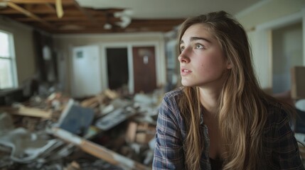 Young woman surveying the wreckage of a family home capturing the strength and determination needed to start anew