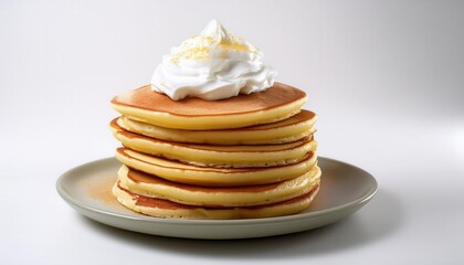 Fluffy Japanese Style Pancakes Stack with Whipped Cream on Minimalist Plate. Ideal for Breakfast Menu Design, Café Promotions, or Food Blog Visuals Featuring Light and Airy Pancake Textures