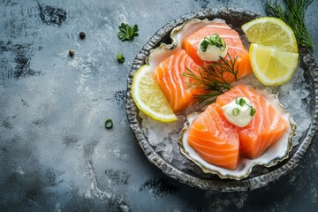 Delicate slices of fresh salmon sashimi are presented on ice, garnished with lemon wedges and dill, showcasing a vibrant culinary creation perfect for seafood lovers. With copy space for text.