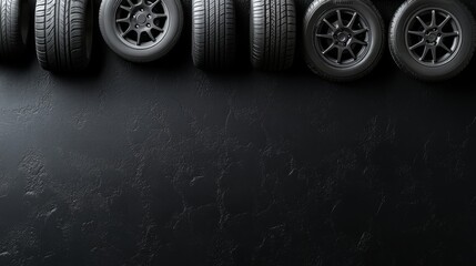 Car tires arranged on a black background emphasizing car care and seasonal maintenance with space for copy