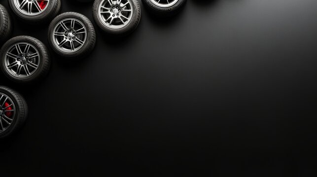 Car tires arranged on a black background emphasizing car care and seasonal maintenance with space for copy