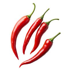 Fresh red chili peppers isolated on transparent background, vibrant hot spice vegetables with green stems.