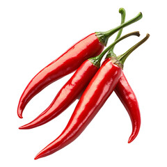 Fresh red chili peppers isolated on transparent background, vibrant hot spice vegetables with green stems.