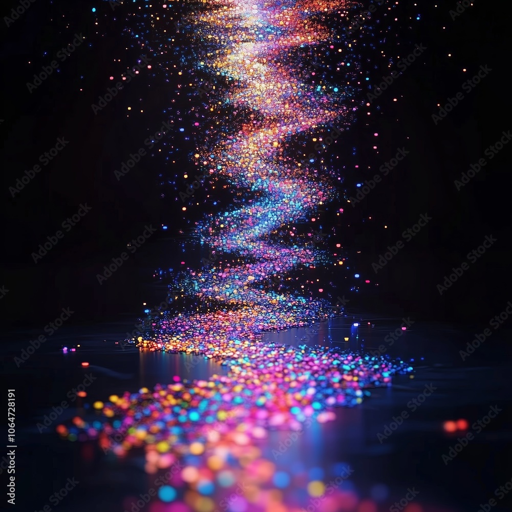 Poster vibrant stream of colorful light particles swirling in a dark setting creating a mesmerizing visual 