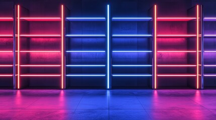 Modern storage racks with integrated neon LED lighting illuminating each shelf and creating a sleek vibrant atmosphere
