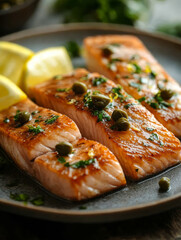 Grilled salmon fillets with capers and lemon garnish