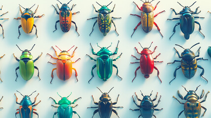 Fototapeta premium A vibrant assortment of beetles in various colors and patterns displayed in a neat grid on a light background