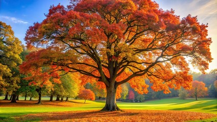 Fototapeta premium Autumn oak tree with vibrant colorful leaves in a park, autumn, colorful, bright, leaves, swinging