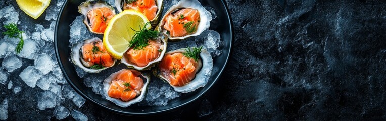 A platter of fresh oysters topped with salmon and garnished with lemon sits on a bed of ice, showcasing a delightful seafood spread for dining. With copy space for text.