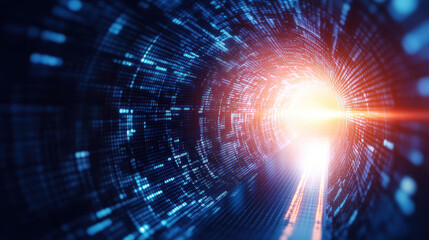 Obraz premium digital tunnel with glowing lights and binary patterns, creating futuristic atmosphere. bright light at end symbolizes hope and innovation