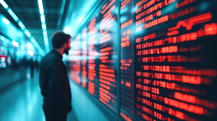 Futuristic digital trading terminal malfunctioning with market data and numbers floating away in a chaotic glitch filled depth of field background