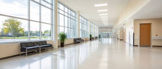 The exterior ground floor of a hospital displaying a sleek glass curtain wall without mullions capturing a calm clean architectural view
