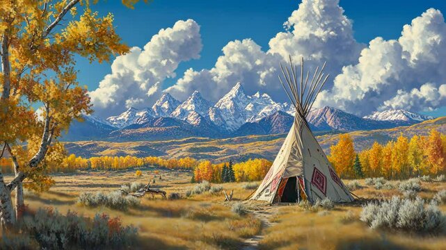 A lone teepee stands in a field of tall grass and golden trees with a backdrop of snow-capped mountains and a blue sky