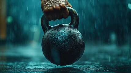 Hand gripping kettlebell in the rain