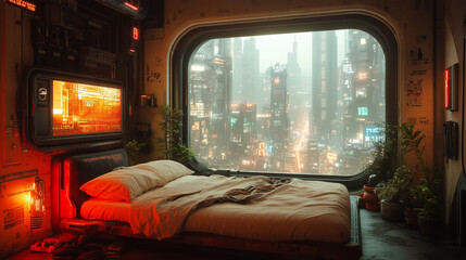 Fototapeta premium A cozy futuristic bedroom with a large window overlooking a rainy, neon-lit cyberpunk cityscape