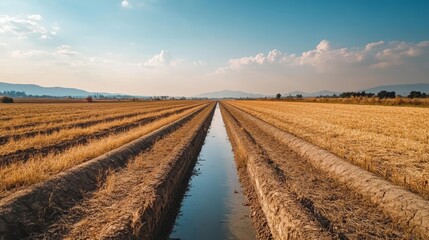 An empty irrigation canal in a dried agricultural field symbolizing water scarcity issues