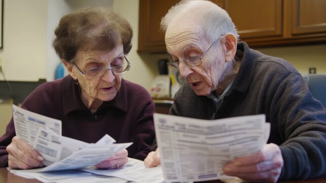 An elderly couple reviewing medical bills showing the economic impact of health expenses on retired individuals