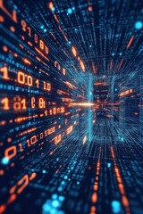 Obraz premium A computer generated image of a blue and orange digital space with a lot of numbers. The image is abstract and has a futuristic feel to it