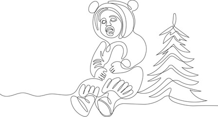 Outlined Cute Santa Claus Cartoon Character With A Sack Full Of Gifts. Vector Hand Drawn Illustration. One continuous line drawing Santa Claus on reindeer and sled. concept for Christmas and New Year