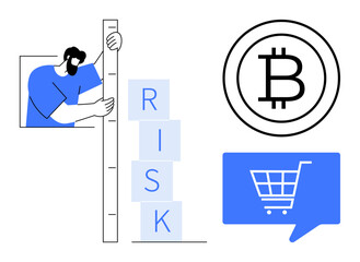 Business person measuring risk with a vertical stack of blocks spelling RISK, Bitcoin symbol, blue e-commerce shopping cart icon. Ideal for finance, investment, cryptocurrency, risk management