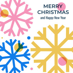 Christmas and New Year square greeting card with snowflakes. Flat style. Template for winter holidays design. Vector illustration with overlay effect