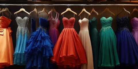A rack of dresses with a variety of colors and styles. The dresses are hanging on a rack, and they are all different colors and styles