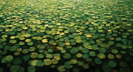 A Close-Up View of Numerous Green Lily Pads Floating on a Still Body of Water