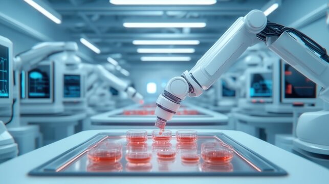 A high tech pharmaceutical laboratory featuring robotic arms carefully analyzing chemical compounds on glass petri dishes surrounded by molecular diagrams and holographic data displays - Powered by Adobe