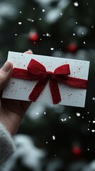 A hand presents a decorative gift certificate tied with a red ribbon while snowflakes fall softly in a cheerful holiday setting, evoking seasonal joy