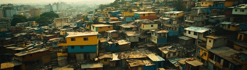 Fototapeta premium A densely populated urban area with colorful houses and a rugged landscape.