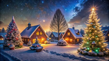 Fototapeta premium Enchanting Minimalist Christmas Fantasy of Snow-Covered Trees and Twinkling Lights Adorning Cozy Houses on a Serene Winter Night