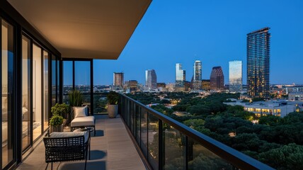 Fototapeta premium Spacious condo balcony overlooking a vibrant cityscape with stunning skyline views at sunset.