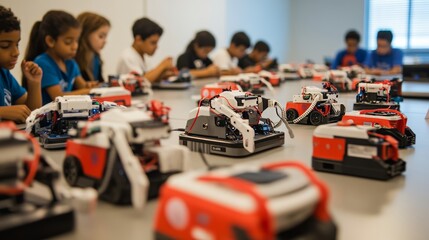 Obraz premium A classroom where students are engaged with robotics kits representing the link between education and economic innovation