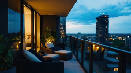 Fototapeta premium Spacious condo balcony overlooking a vibrant cityscape with stunning skyline views at sunset.