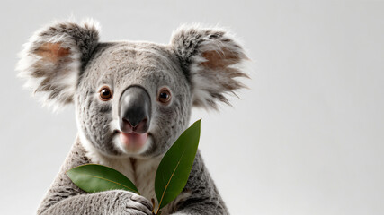 Cute koala holding eucalyptus leaf, white background with right copyspace