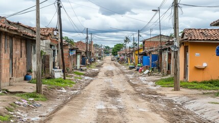 Obraz premium A dirt road lined with modest houses, showcasing a rural community environment.