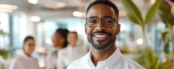 Confident leader being acknowledged by team in modern office, professional attire and setting, symbol of respect and authority on Boss s Day