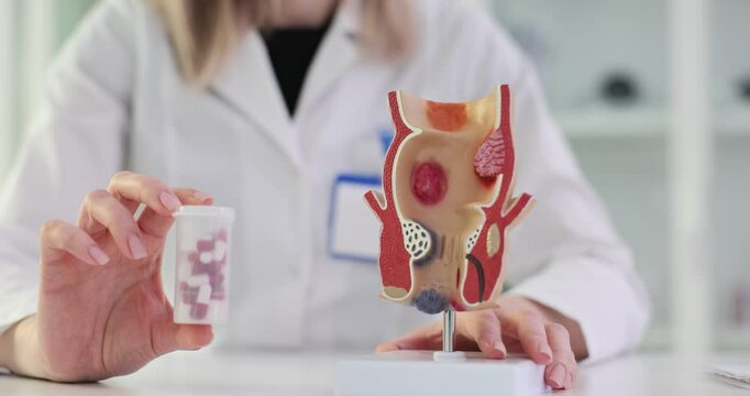 Doctor demonstrates anatomical model of rectum and pill
