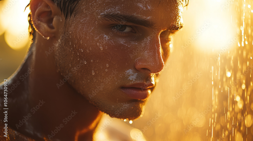 Wall mural Portrait of a wet young man in sunlight.